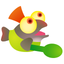 Digital image of a small fry character from the game Splatoon 3. A small fry is a cartoon salmonoid whose body is dark red and has yellow goggly eyes. It has a red mohawk, wears light green pants and holds a green spoon.